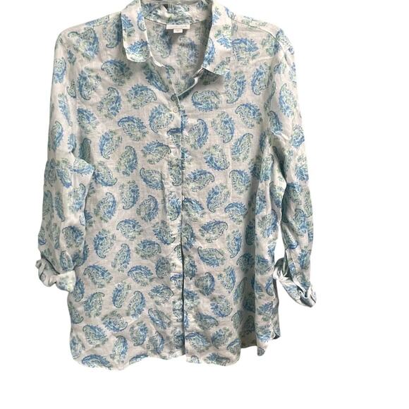 J. Jill Love Linen Blue Floral Button Down Size Medium Tunic Length Lightweight - Picture 1 of 3